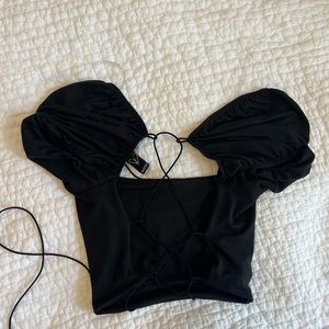 Black puff sleeve Windsor crop top open back